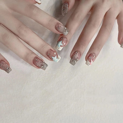 Wearable Stars Y2k Nails Press On Short Square 24pcs Fake Nails Silver Stripes False Nails Decoration Glitter Nail Tips Finished