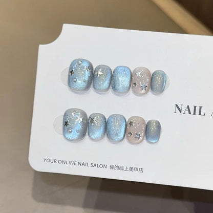 New 10Pcs INS Short Handmade Press on Nails Blue Cat Eye Star Fake Nails Wearable Stick-on Nails Full Cover False Nail