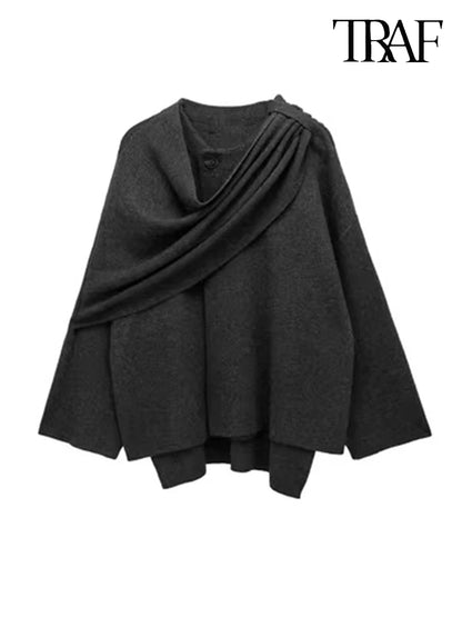 TRAF Women's Fashion Fall/Winter Fashion Asymmetric Scarf Knit Jacket Long Sleeve Split Hem Streetwear Casual Jacket