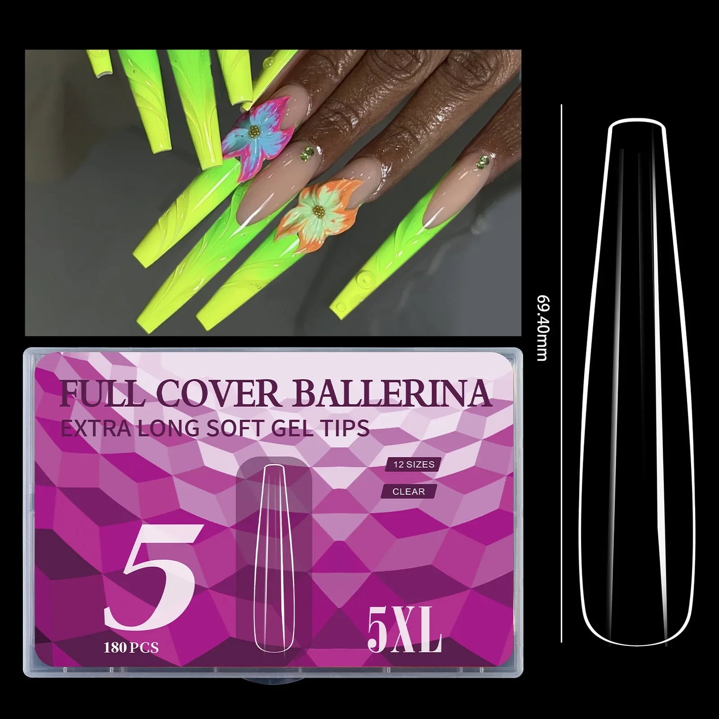 5XL Soft Gel Tips Press On Nails Acrylic Half/Full Cover Fake Nails 180pcs Stiletto Coffin Ballet DIY Extension Nail Supplies