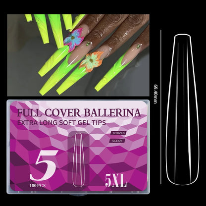 5XL Soft Gel Tips Press On Nails Acrylic Half/Full Cover Fake Nails 180pcs Stiletto Coffin Ballet DIY Extension Nail Supplies