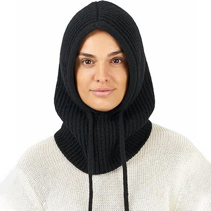 Knitted Hooded Scarf Hat Knit Balaclava Korean Outdoor Style Warm hooded scarf with adjustable drawstring
