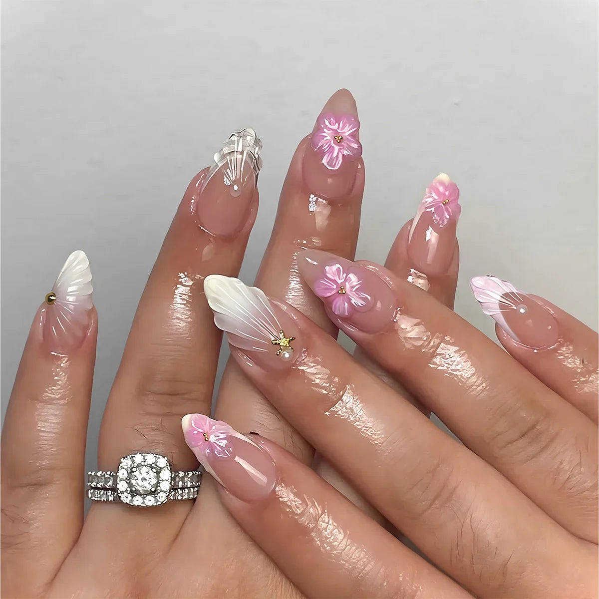 24Pcs Mid-length 3D Flowers Design Fingertips Sweet Butterfly Yellow Ripple Almond False Nails Detachable Full Cover Press Ons