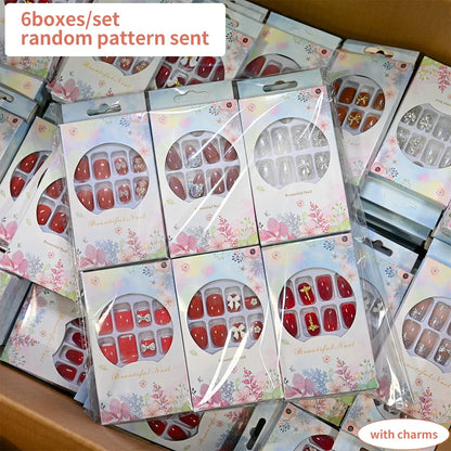 6 Boxes/set Press On Nails Full Cover Sweet Pink Red Short Round Head False Nails Manicure Wearable Nail Tips with Jelly Gel