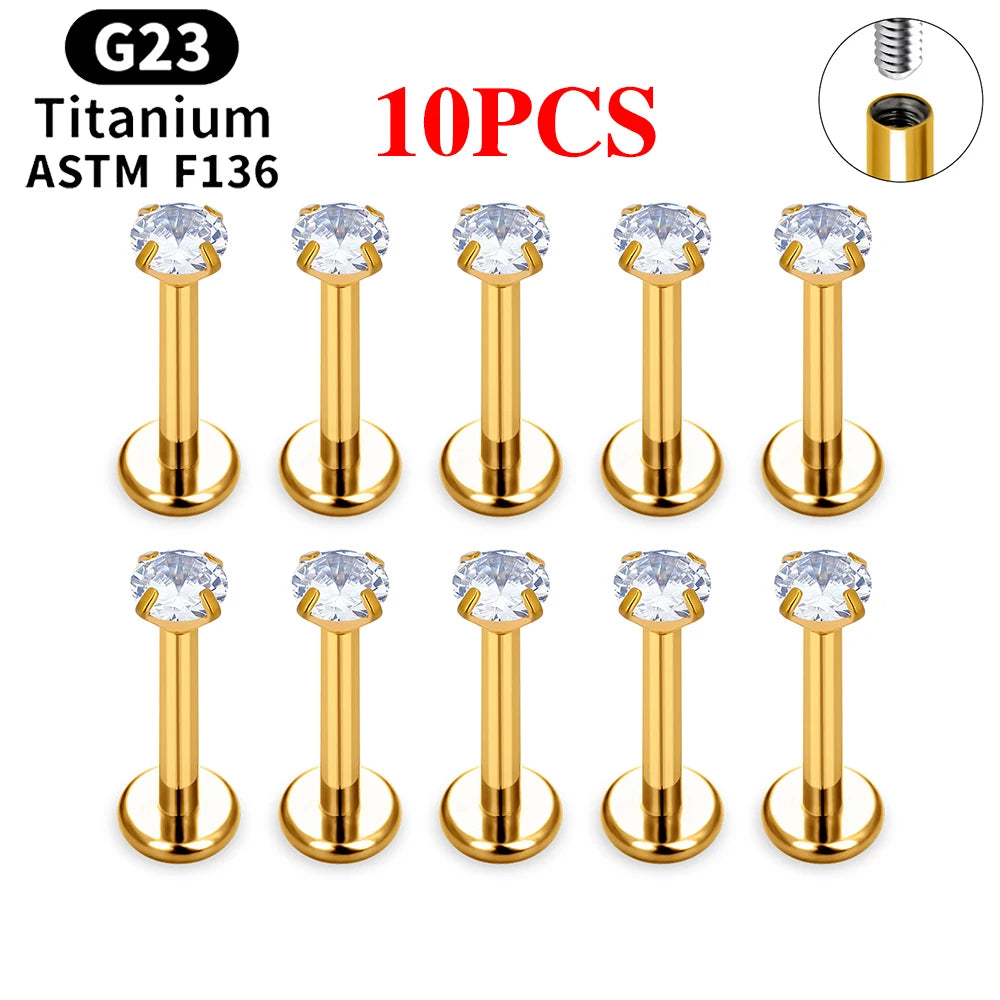 10/50PCS G23 Ttianium Piercing Labret Lip Stud Ring CZ 16G Internal Thread Stud Earring Ear Tragus Cartilage Helix Daith Jewelry