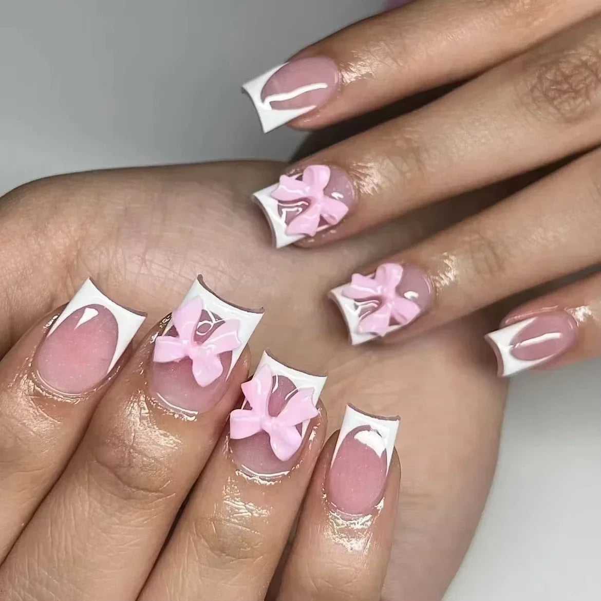 24Pcs Pearl heart Press on Nails Cross French Long Style Fake Nail for Women&Girl Removable Wearable Nail Art