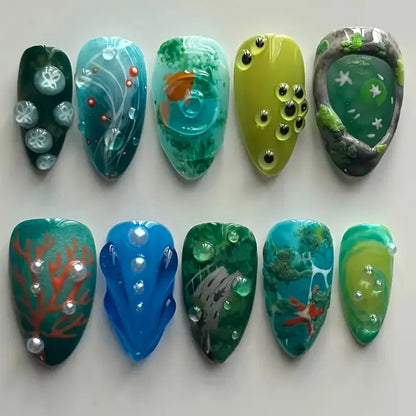 10pcs Handmade Fake Nail Art Ocean Seashell Design Blue Mid-length Oval False Nail Tips with Rhinestone Pearl Press on Nails Set