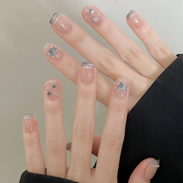 10Pcs Sweet Heart Nail Glitter Diamond Fake Nails Cute French Short Square Press on Nails Cat Eye Pearl Fake Nails Nude Natural