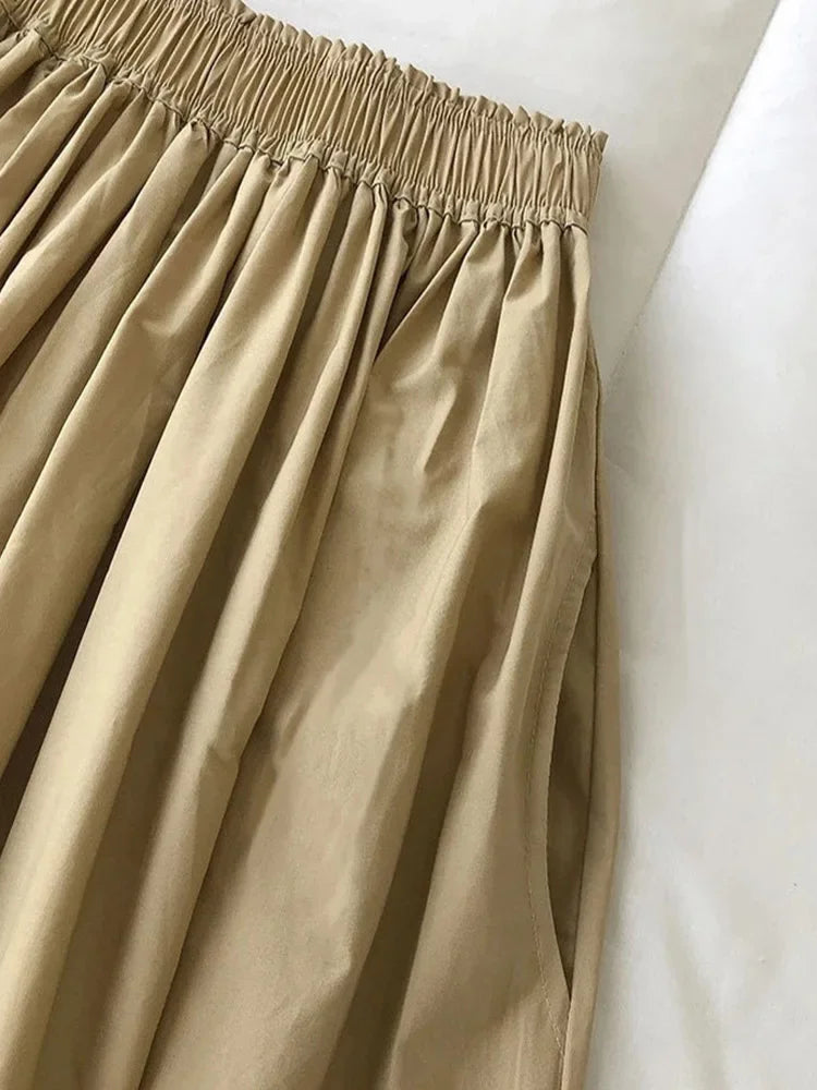 2025 NEW Women's White Long Skirt High Waist A-Line Knee-Length Fashion Pockets Pleated Casual Elegant Skirts for Autumn