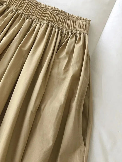 2025 NEW Women's White Long Skirt High Waist A-Line Knee-Length Fashion Pockets Pleated Casual Elegant Skirts for Autumn
