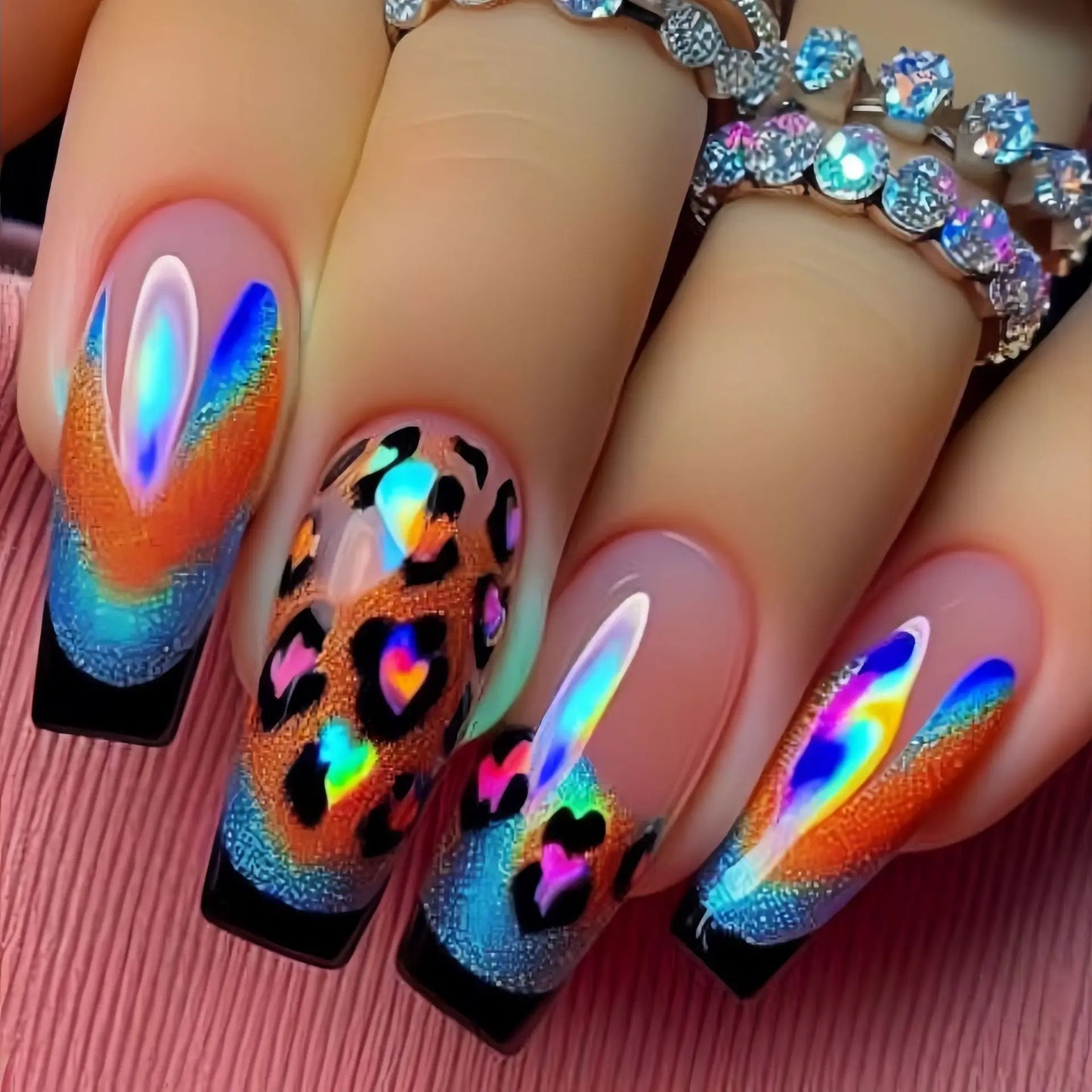 Short Medium long fake nails Square ballet nail tips Gradient purple pink blue leopard flame Y2K press on false nail art set