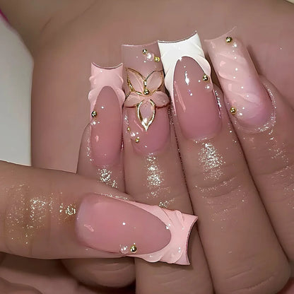 24pcs Fresh Long Coffin Fake Nails Yellow French Style Flower Printed Metal Butterfly Designs Press On Nails Summer False Nail