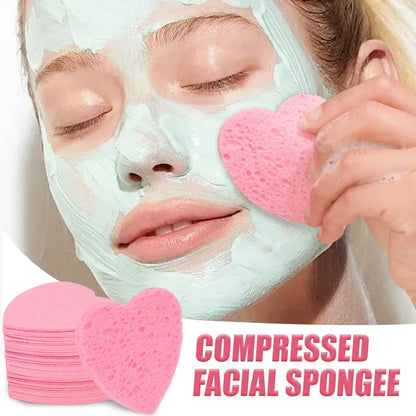 200Pcs Compress Face Wash Puff Reusable Heart Shape Sponges Face Cleansing Pads Strong Water Absorption Natural Wood Pulp Cotton