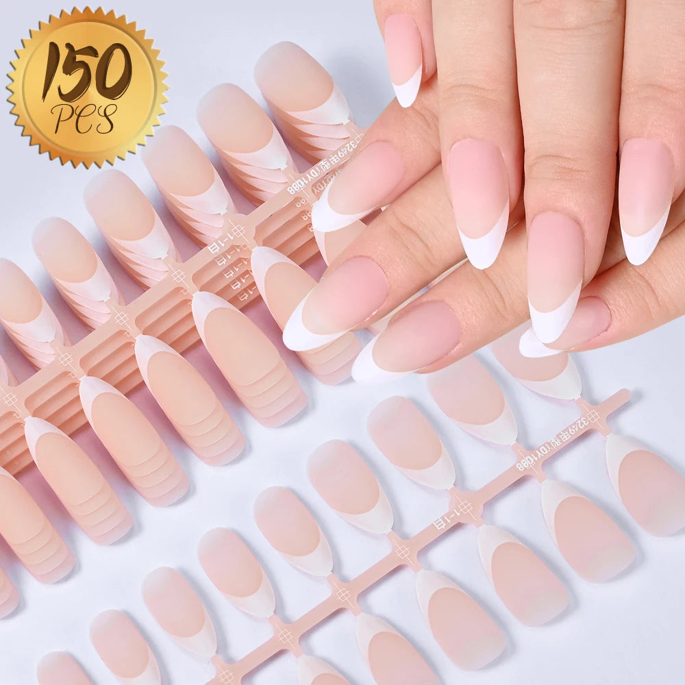 150Pcs Pre-made French False Nails Scarless Coffin Almond Fake Nail Artificial Fingernails Press on Nails for Nail Extension