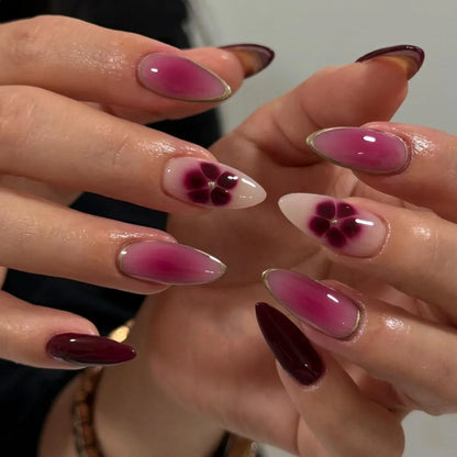 24pcs French Almond Press on Nails Flower False Nails Wearable Stick-on Nails Fake Nail Uñas Postizas Mujer Накладные Ногти 네일팁