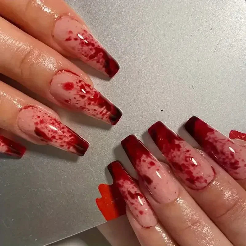 24pcs Blood Splatter Press-On Nails Set Almond-Shaped Long Length Glossy Finish Red and White Faux Nail Kit for Women Halloween