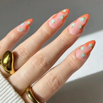 24Pcs Short Round Head Almond Fake Nails with Flowers Grass Pattern Wearable False Nails Tips Summer Full Cover Press on Nails