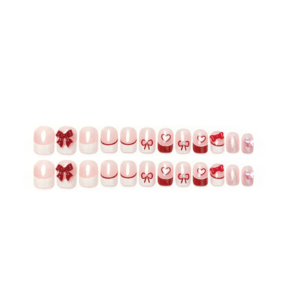 24pcs Bowknots Love Heart Pattern Press On Nails Cute Fresh Short Round French Style False Nails Korean Sweet Wearable Fake Nail