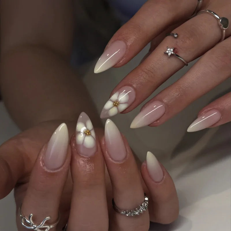24pcs Smudging Flower Press On Nails Wave Point Designs French Style Almond False Nails Y2k Sweet Cool Fake Nail For Spicy Girls
