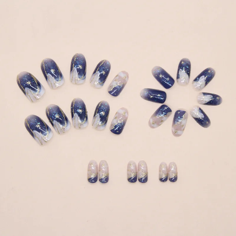 Medium fake nails for women gilrs gradient blue pink starry sky star moon Y2K design Almond nail tips press on false nail set