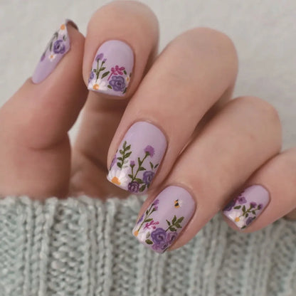 24pcs Short Square Amber Flower Fake Nail with Glue Wearable Autumn Designs Press on Nails Full Cover  Acrylic False Nails Tips