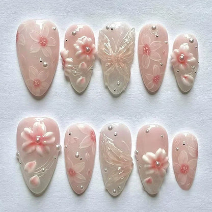 24Pcs Pink Almond False Nails Sweet Summer Fake Nail Cute Flowers Pearl Nails Press Ons Colorful Monet Press on Nails for Girls