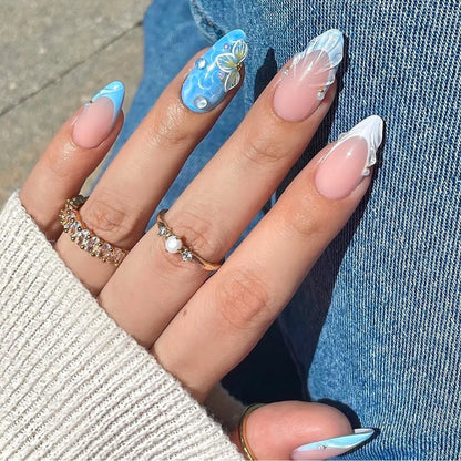 3D Butterfly Almond Nail Art Fashion Green Pearlescent Powder False Nails Detachable Finished Fake Nails Press on Nail with Glue