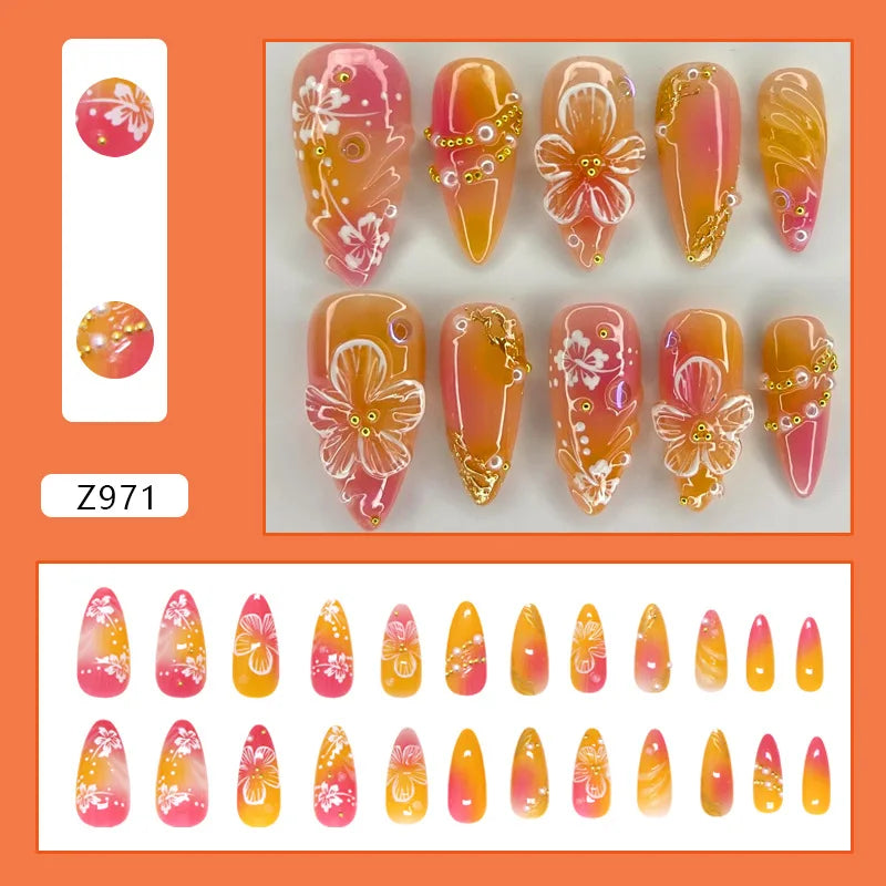 24pcs Gold Pink Flower Press On Nails Glossy Almond Autumn Wearable Fake Nails With Pearl Gold Ball Decor Ballet False Nail Tips