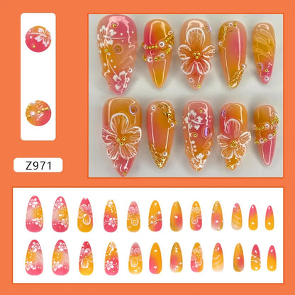 24pcs Gold Pink Flower Press On Nails Glossy Almond Autumn Wearable Fake Nails With Pearl Gold Ball Decor Ballet False Nail Tips