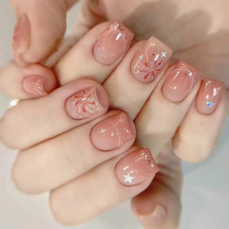 Glossy Press on Nails Set Short Oval Shiny Gradient French Nail Art Design Reusable Full Cover Fake Nails with Glue for Girls