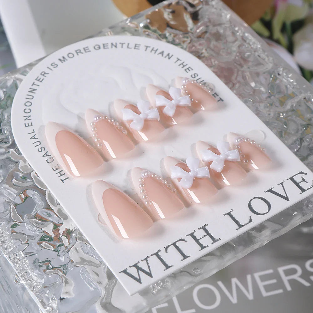 24Pcs Bow Pearl Press on Fake Nails Nude Pink Almond French Stick on False Nail Korean Sweet Girls Wearable Press on Nail + TOOL