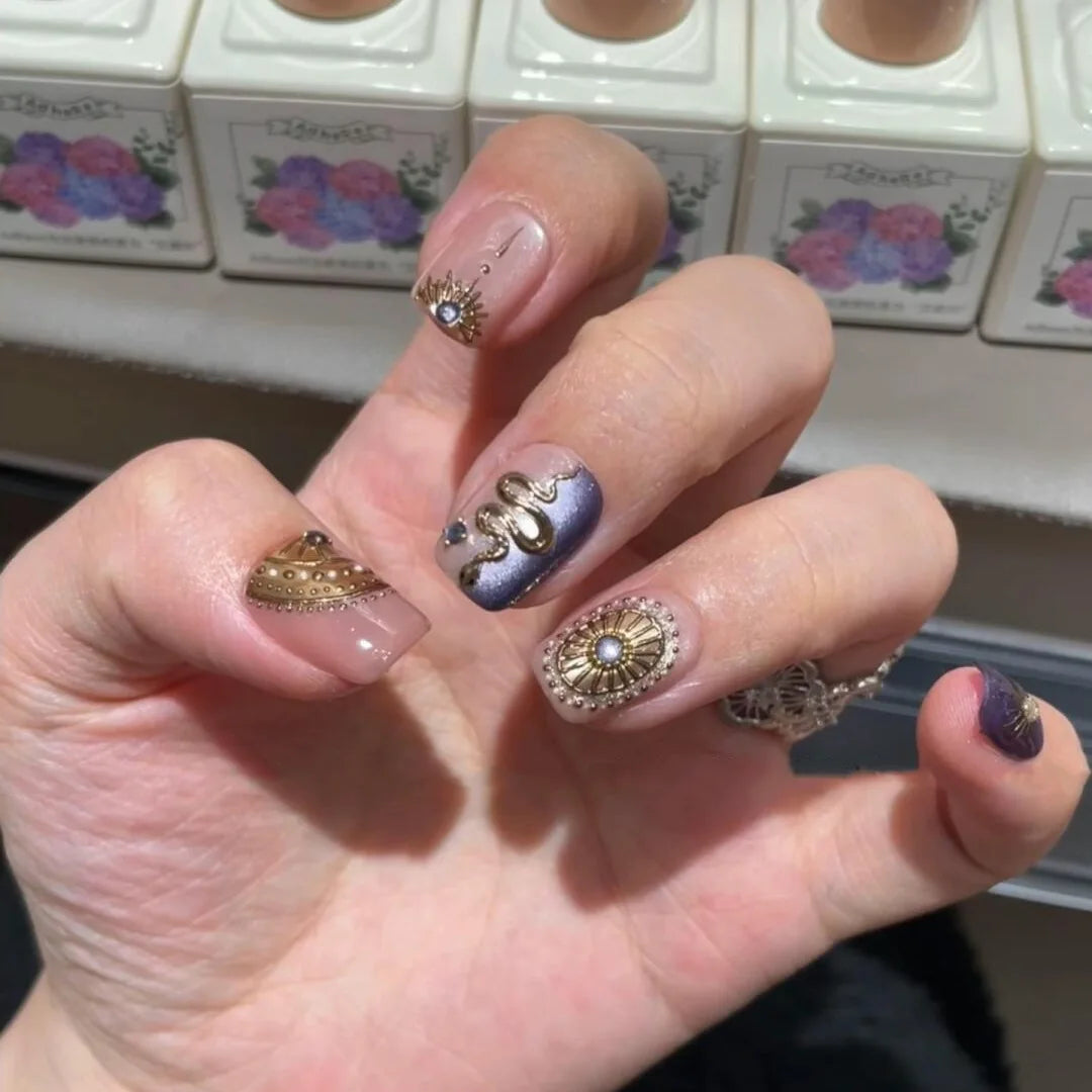 10pcs Handmade Press on Nails Purple Flashing Magic Mirror with Diamonds Full Coverage Nail Tips for Women&Girl Removable Nail