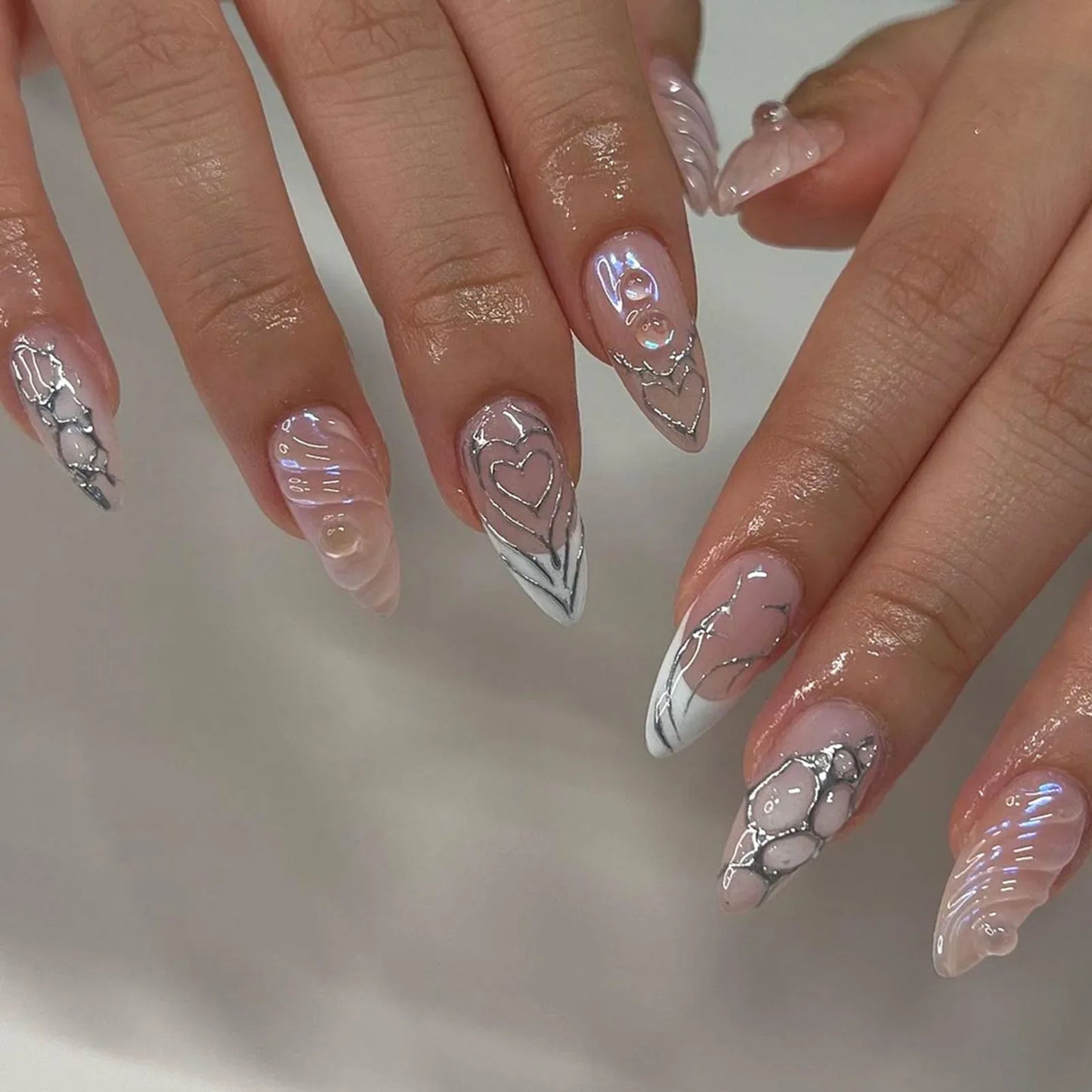 24pcs Pink Fake Nail Patch Sweet Korean Style False Nails Full Cover Wear White Bow Decortive Press on Nails for Girls Women