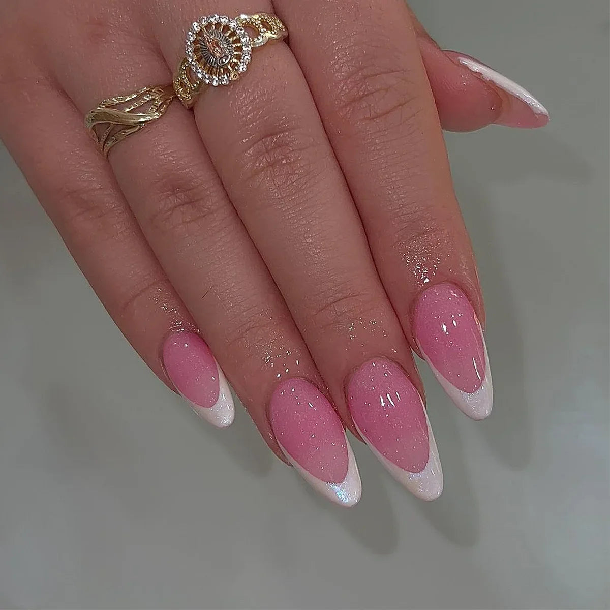 24Pcs Simple Glitter Almond False Nails with Glue Ballerina Nail Design Sweet Cool French Detachable Press on Nail Manicure Tips