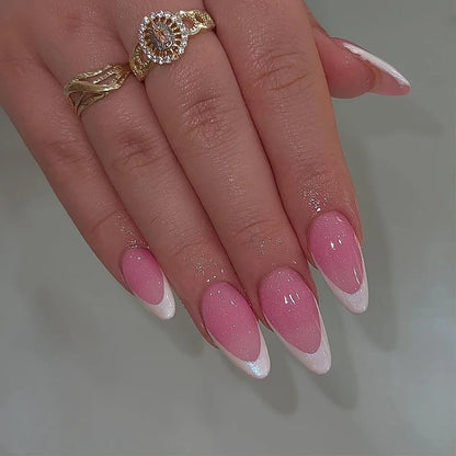 24Pcs Simple Glitter Almond False Nails with Glue Ballerina Nail Design Sweet Cool French Detachable Press on Nail Manicure Tips