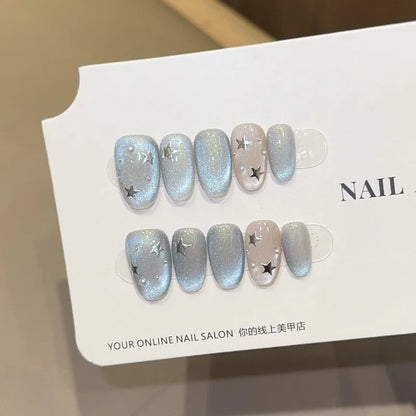 New 10Pcs INS Short Handmade Press on Nails Blue Cat Eye Star Fake Nails Wearable Stick-on Nails Full Cover False Nail