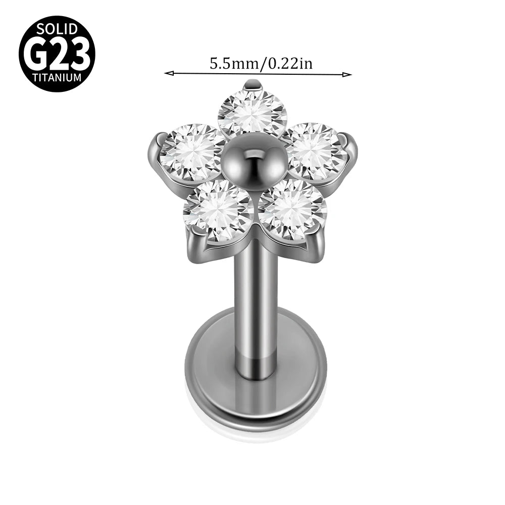 1/5PCS F-136 Implant Titanium Different Size Flower Zirconia Labret 16G Internal Threaded Cartilage Helix Lobe Earring Piercing