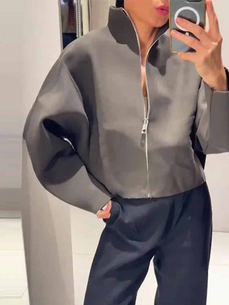 Women Casual Solid Knitted Short Cardigan Lapel Full Sleeve Zipper Loose Cropped Coats 2025 Lady Daily Commute Fashion Outerwear