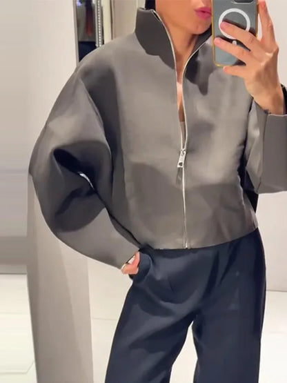Women Casual Solid Knitted Short Cardigan Lapel Full Sleeve Zipper Loose Cropped Coats 2025 Lady Daily Commute Fashion Outerwear