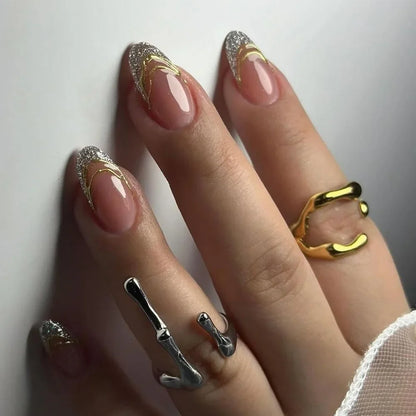 24Pcs Mid-length French Almond Press on Fake Nails with Red Smudge Star Design False Nails Art Datachable Full Cover Nails Tips