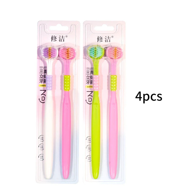 2/4/6pcs Adult Toothbrushes 3 Sided Soft Bristles Tongue Scraper Deep Cleaning Health Oral Care Family Couple Travel Tooth Brush