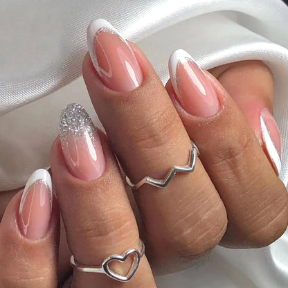 24Pcs Long Almond Fake Nails with White Edge Design Wearable French Press on False Nails Simple Full Cover Nail Tips Manicure