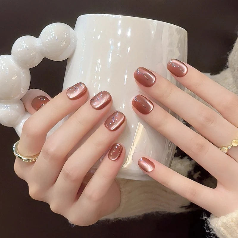 10pcs Handmade Short Brown Cat Eye Fake Nails for Girls Solid Color Press on Nail Art Manicure Sweet Autumn False Nail Tips 네일팁