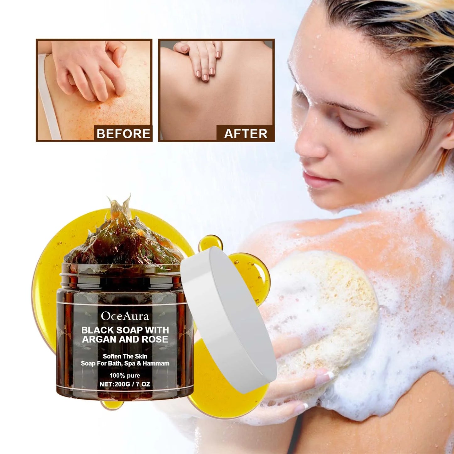 OCEAURA 200g Black Soap With Argan And Rose lack Beldi Soap Ideal For Dead Skin Remover Body Scrub Purifying Deep Cleansing