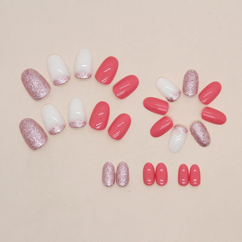 24 pcs short Oval French simple solid color Flash nails +1 nail glue +1 nail file