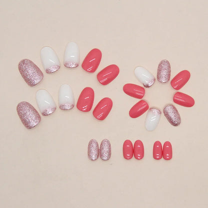 24 pcs short Oval French simple solid color Flash nails +1 nail glue +1 nail file