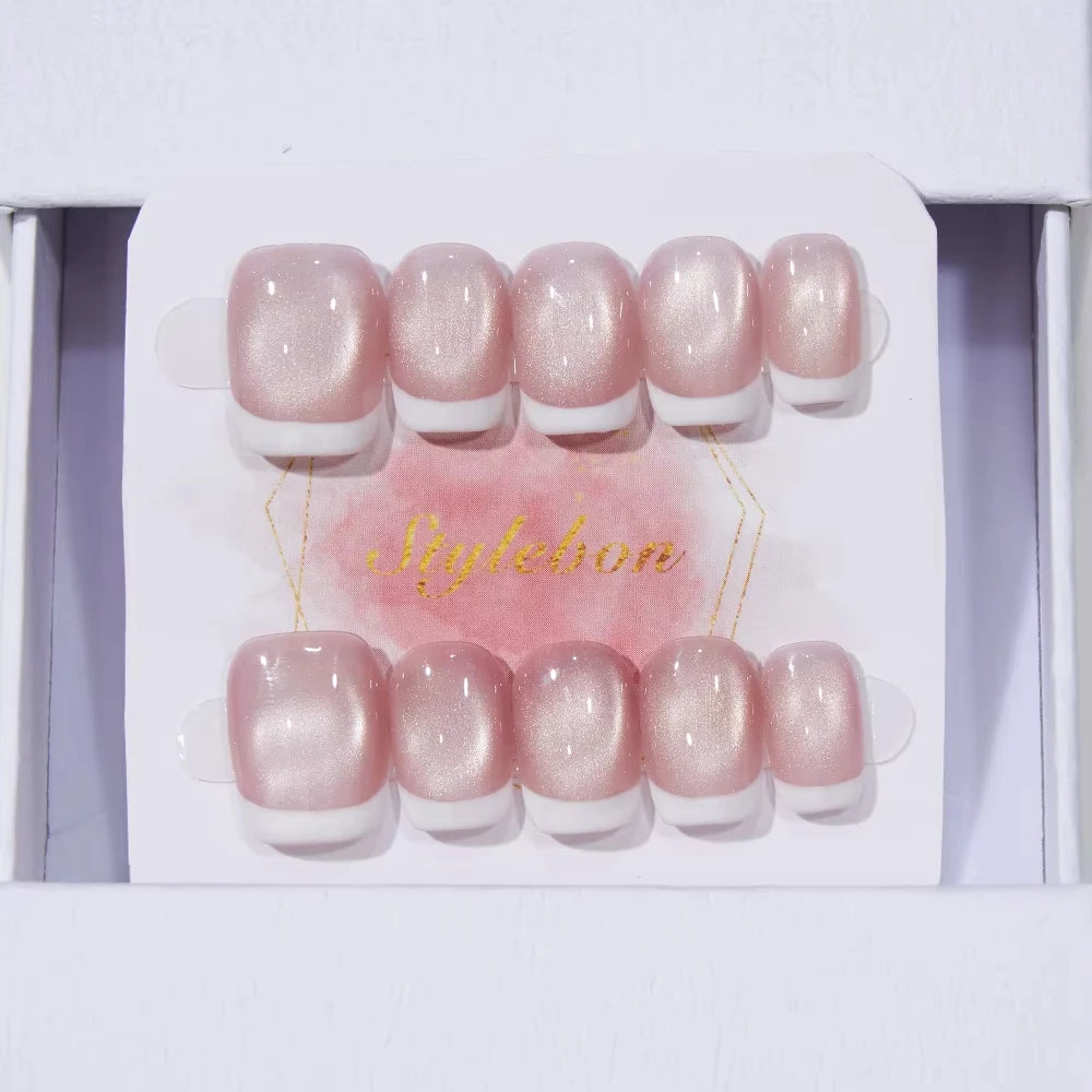 10pcs Pink French Handmade Nails Short French style Handmade Wear Nail for Women&Girl Whitening Nail Stickers False Nail
