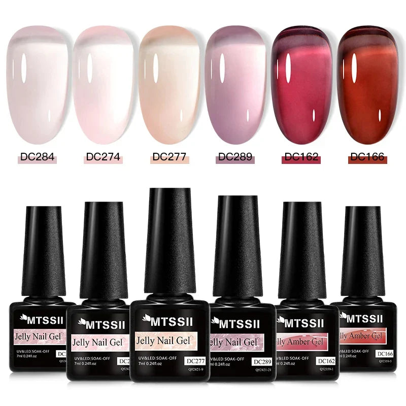 MTSSII 6Pcs/Set Jelly Gel Nail Polish Jelly Transparent Pink Green Black Blue UV Gel Nail Art Varnish Kit Spring Manicure Nails