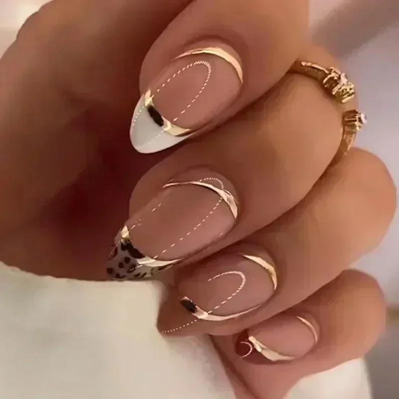 24pcs French Almond Fake Nails Gold Edge Glitter Press on Nails Swirl Metal Nail Art False Nail Full Cover Nail Tips False Nais