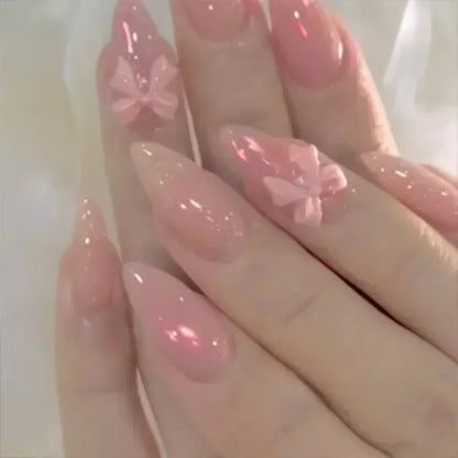 24Pcs White Almond False Nails Ballet with French Design Wearable Fake Nails Gradient Simple Full Cover Press on Nail Tips Art